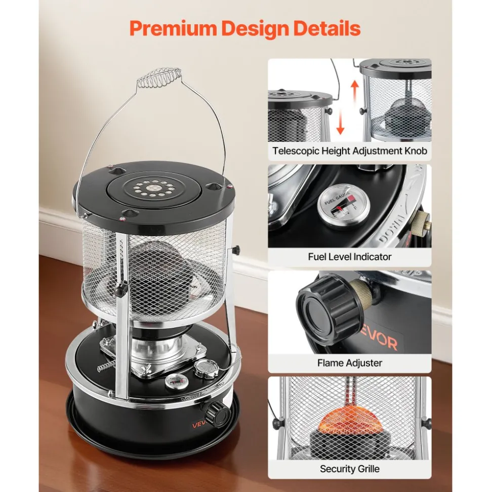 VEVOR 9000 BTU Portable Kerosene Heater & Stove, 2 in 1 Non-Electric Indoor Outdoor Heater with Adjustable Height & Flame & Easy Storage,for Camping, Hunting, Cooking, Home, Garage, Black