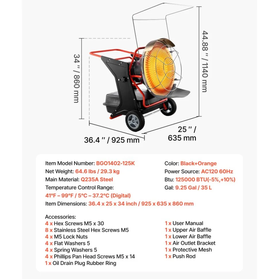 VEVOR 125000 BTU Radiant Kerosene Diesel Heater, Portable Industrial Space Heater with Adjustable Temp & Wheels, Ideal for Jobsite/Garage/Warehouse/Workshop Construction Heating,Black
