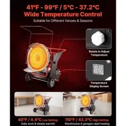 VEVOR 125000 BTU Radiant Kerosene Diesel Heater, Portable Industrial Space Heater with Adjustable Temp & Wheels, Ideal for Jobsite/Garage/Warehouse/Workshop Construction Heating,Black