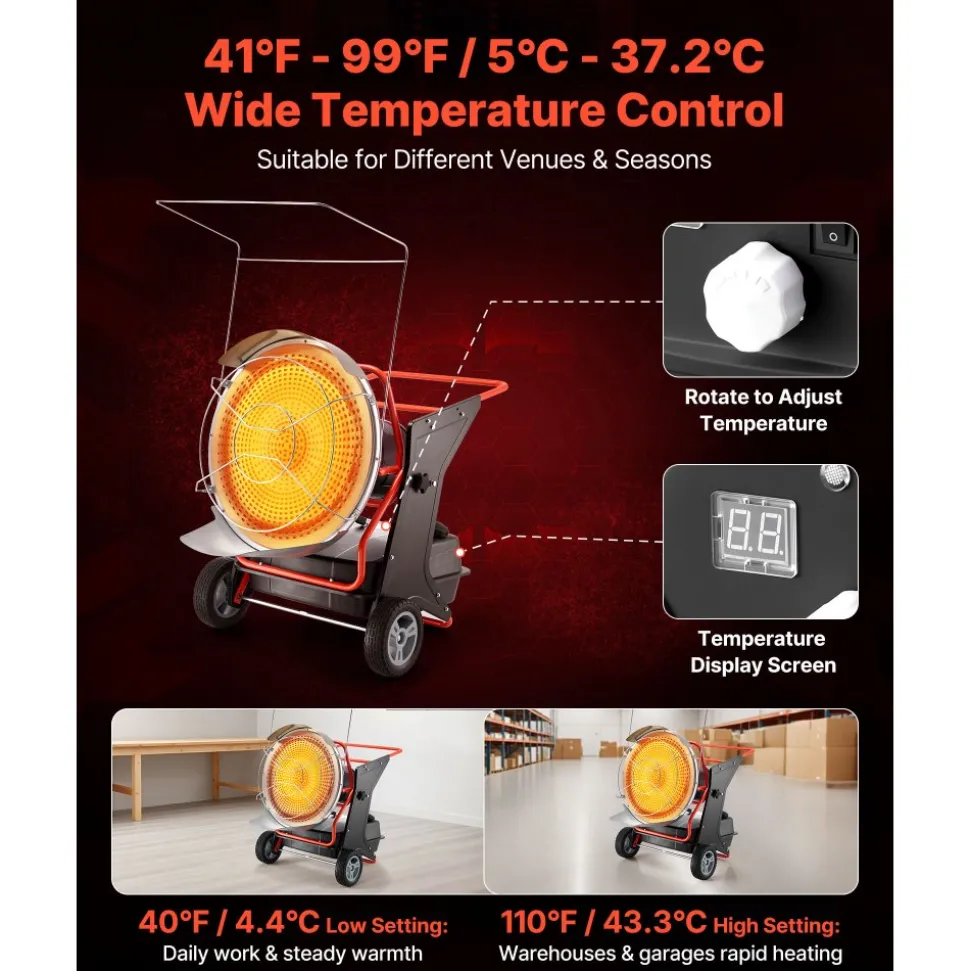 VEVOR 125000 BTU Radiant Kerosene Diesel Heater, Portable Industrial Space Heater with Adjustable Temp & Wheels, Ideal for Jobsite/Garage/Warehouse/Workshop Construction Heating,Black