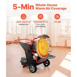 VEVOR 125000 BTU Radiant Kerosene Diesel Heater, Portable Industrial Space Heater with Adjustable Temp & Wheels, Ideal for Jobsite/Garage/Warehouse/Workshop Construction Heating,Black