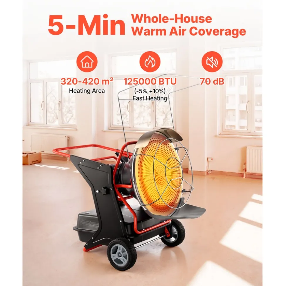 VEVOR 125000 BTU Radiant Kerosene Diesel Heater, Portable Industrial Space Heater with Adjustable Temp & Wheels, Ideal for Jobsite/Garage/Warehouse/Workshop Construction Heating,Black