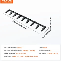 VEVOR Bucket Tooth Bar, 72'', Heavy Duty Tractor Bucket 9 Teeth Bar for Loader Tractor Skidsteer, 4560 lbs Load-Bearing Capacity Bolt On Design, for Efficient Soil Excavation and Bucket Protection