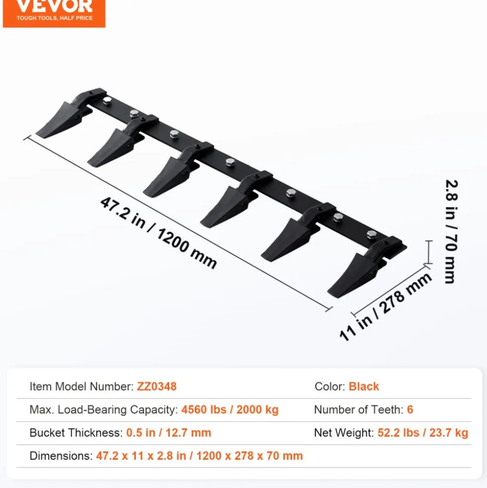VEVOR Bucket Tooth Bar, 48'', Heavy Duty Tractor Bucket 6 Teeth Bar for Loader Tractor Skidsteer, 4560 lbs Load-Bearing Capacity Bolt On Design, for Efficient Soil Excavation and Bucket Protection