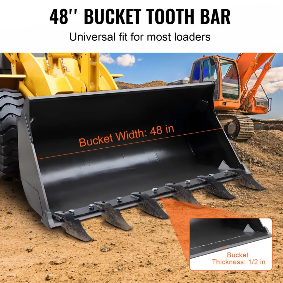 VEVOR Bucket Tooth Bar, 48'', Heavy Duty Tractor Bucket 6 Teeth Bar for Loader Tractor Skidsteer, 4560 lbs Load-Bearing Capacity Bolt On Design, for Efficient Soil Excavation and Bucket Protection