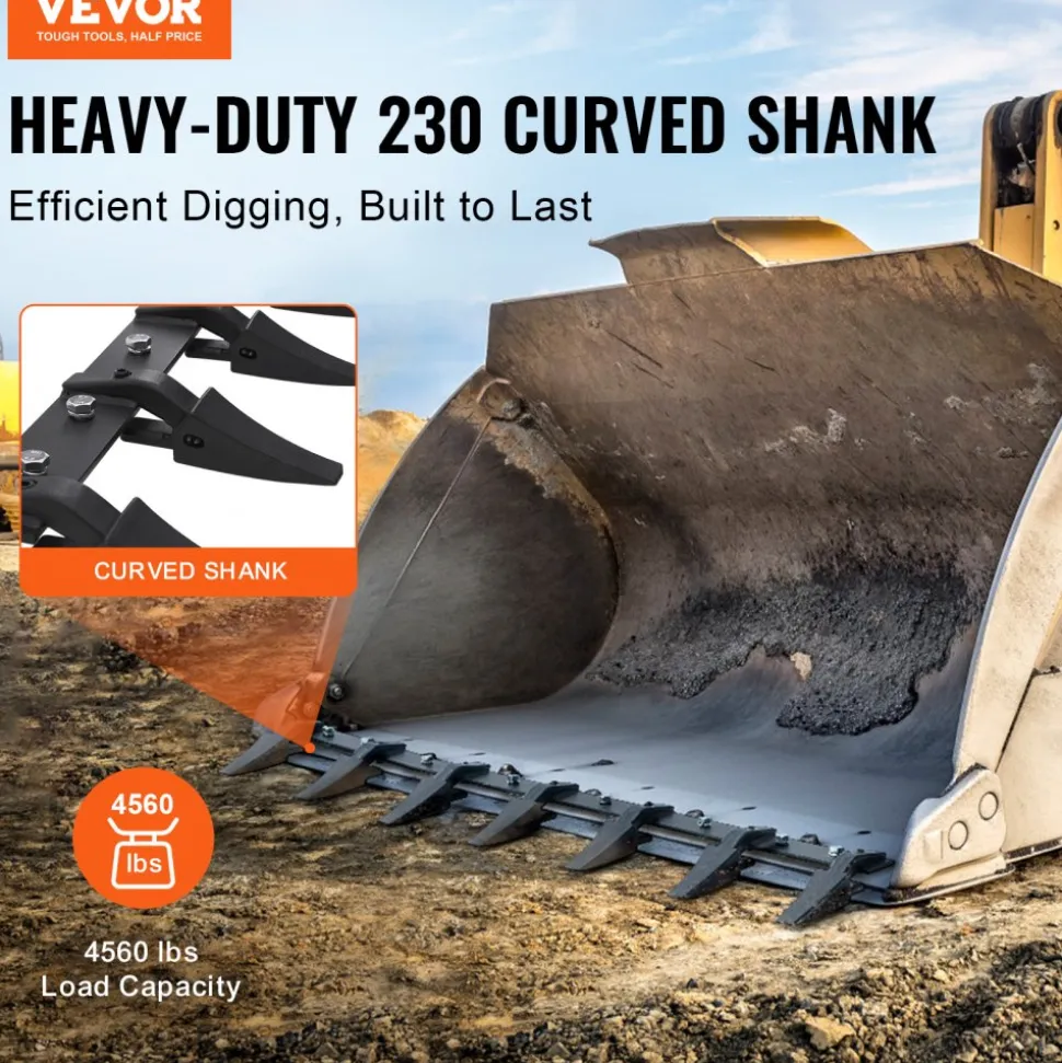 VEVOR Bucket Tooth Bar, 60'', Heavy Duty Tractor Bucket 7 Teeth Bar for Loader Tractor Skidsteer, 4560 lbs Load-Bearing Capacity Bolt On Design, for Efficient Soil Excavation and Bucket Protection