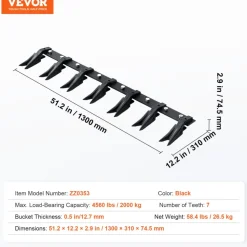 VEVOR Bucket Tooth Bar, 53'', Heavy Duty Tractor Bucket Teeth Bar for Sub-Compact Tractor Loader, 4560 lbs Load-Bearing Capacity, Fits Bucket Cutting Edges Sized 1/2