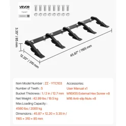 VEVOR Bucket Tooth Bar,45.2 in Heavy Duty 6 Teeth Tractor Bucket Bar for Tractor Loader Skidsteer, 4560 lbs Load Capacity, Bolt On Teeth Bars for Buckets Protection Efficient & Soil Excavation