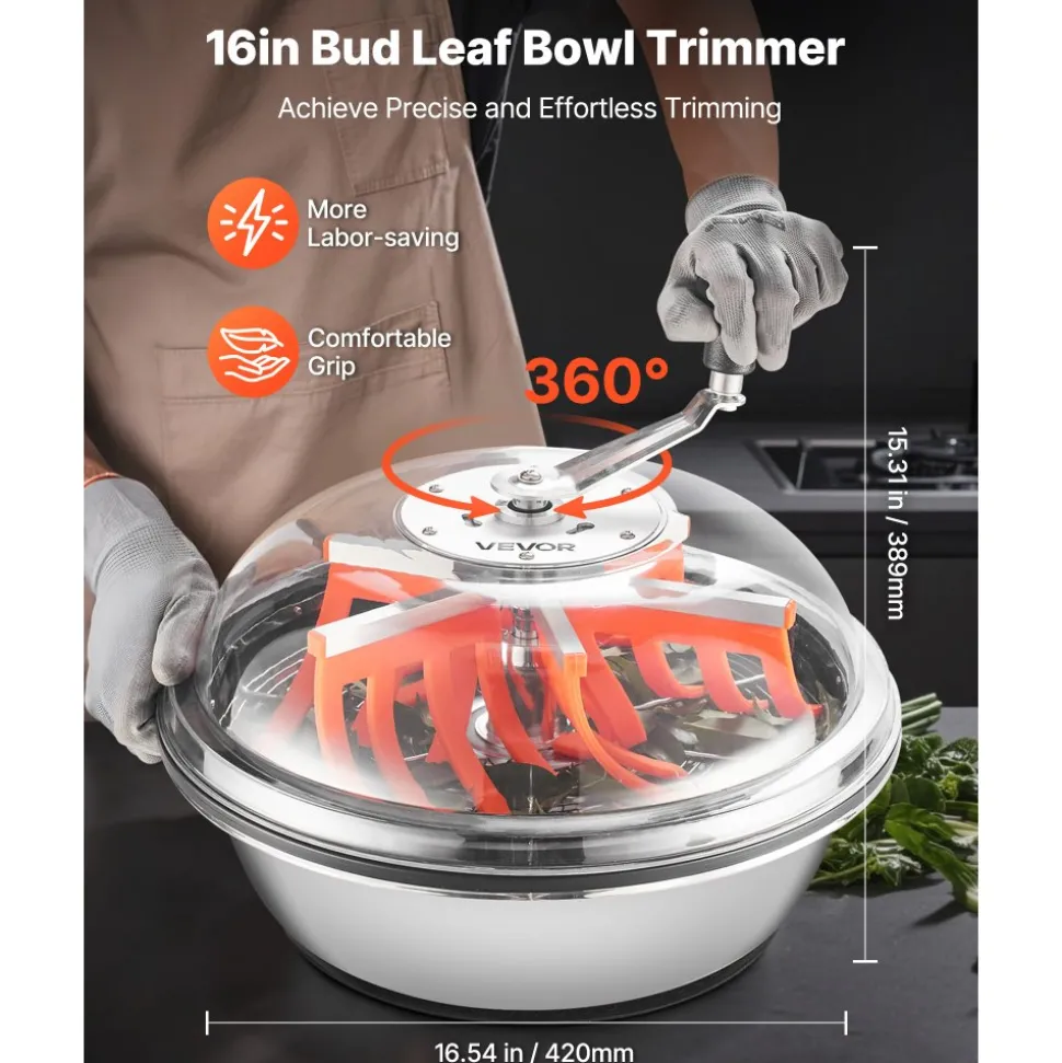 VEVOR Bud Leaf Bowl Trimmer, 16 in Manual Bud Trimmer, with Sharp Stainless Steel Blades, Visual Cutting, Wet & Dry Hydroponic Cutting Machine, Twisted Spin Cut for Plants Leaves Buds Flowers