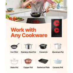 VEVOR Built in Electric Stove Top, 20 x 11.6 inch 2 Burners, 240V Glass Radiant Cooktop with Sensor Touch Control, Timer & Child Lock Included, 9 Power Levels for Simmer Steam Slow Cook Fry
