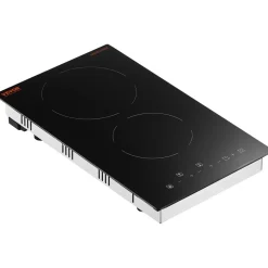 VEVOR Built in Electric Stove Top, 20 x 11.6 inch 2 Burners, 240V Glass Radiant Cooktop with Sensor Touch Control, Timer & Child Lock Included, 9 Power Levels for Simmer Steam Slow Cook Fry