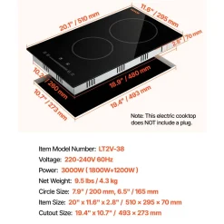 VEVOR Built in Electric Stove Top, 20 x 11.6 inch 2 Burners, 240V Glass Radiant Cooktop with Sensor Touch Control, Timer & Child Lock Included, 9 Power Levels for Simmer Steam Slow Cook Fry