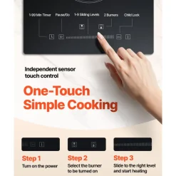 VEVOR Built in Electric Stove Top, 20 x 11.6 inch 2 Burners, 240V Glass Radiant Cooktop with Sensor Touch Control, Timer & Child Lock Included, 9 Power Levels for Simmer Steam Slow Cook Fry