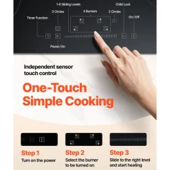 VEVOR Built in Electric Stove Top, 30.3 x 20.5 inch 4 Burners, 240V Glass Radiant Cooktop with Sensor Touch Control, Timer & Child Lock Included, 9 Power Levels for Simmer Steam Slow Cook Fry