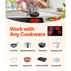 VEVOR Built in Electric Stove Top, 30.3 x 20.5 inch 4 Burners, 240V Glass Radiant Cooktop with Sensor Touch Control, Timer & Child Lock Included, 9 Power Levels for Simmer Steam Slow Cook Fry