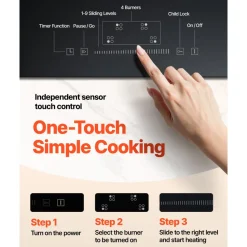 VEVOR Built in Electric Stove Top, 23.2 x 20.5 inch 4 Burners, 240V Glass Radiant Cooktop with Sensor Touch Control, Timer & Child Lock Included, 9 Power Levels for Simmer Steam Slow Cook Fry