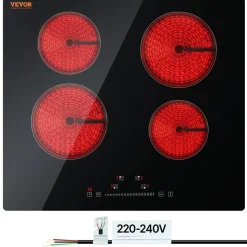 VEVOR Built in Electric Stove Top, 23.2 x 20.5 inch 4 Burners, 240V Glass Radiant Cooktop with Sensor Touch Control, Timer & Child Lock Included, 9 Power Levels for Simmer Steam Slow Cook Fry