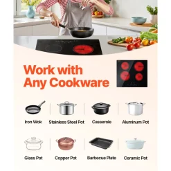 VEVOR Built in Electric Stove Top, 23.2 x 20.5 inch 4 Burners, 240V Glass Radiant Cooktop with Sensor Touch Control, Timer & Child Lock Included, 9 Power Levels for Simmer Steam Slow Cook Fry