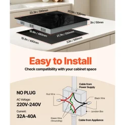 VEVOR Built in Electric Stove Top, 23.2 x 20.5 inch 4 Burners, 240V Glass Radiant Cooktop with Sensor Touch Control, Timer & Child Lock Included, 9 Power Levels for Simmer Steam Slow Cook Fry