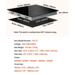VEVOR Built in Electric Stove Top, 23.2 x 20.5 inch 4 Burners, 240V Glass Radiant Cooktop with Sensor Touch Control, Timer & Child Lock Included, 9 Power Levels for Simmer Steam Slow Cook Fry
