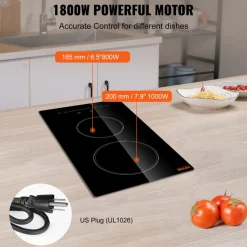 VEVOR Built in Electric Stove Top, 20 x 11.6 inch 2 Burners, 240V Glass Radiant Cooktop with Sensor Touch Control, Timer & Child Lock Included, 9 Power Levels for Simmer Steam Slow Cook Fry