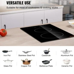 VEVOR Built in Electric Stove Top, 20 x 11.6 inch 2 Burners, 240V Glass Radiant Cooktop with Sensor Touch Control, Timer & Child Lock Included, 9 Power Levels for Simmer Steam Slow Cook Fry