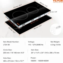 VEVOR Built in Electric Stove Top, 20 x 11.6 inch 2 Burners, 240V Glass Radiant Cooktop with Sensor Touch Control, Timer & Child Lock Included, 9 Power Levels for Simmer Steam Slow Cook Fry