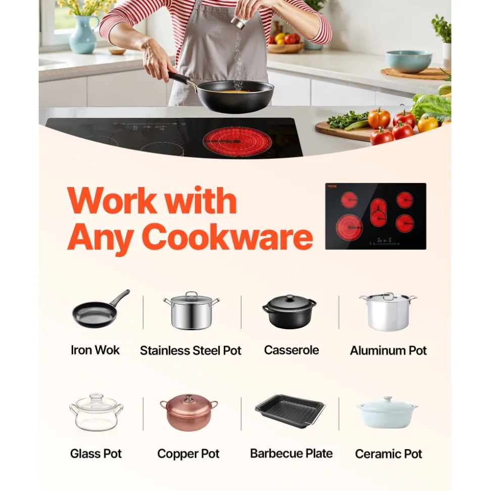 VEVOR Built in Electric Stove Top, 30.3 x 20.5 inch 5 Burners, 240V Glass Radiant Cooktop with Sensor Touch Control, Timer & Child Lock Included, 9 Power Levels for Simmer Steam Slow Cook Fry