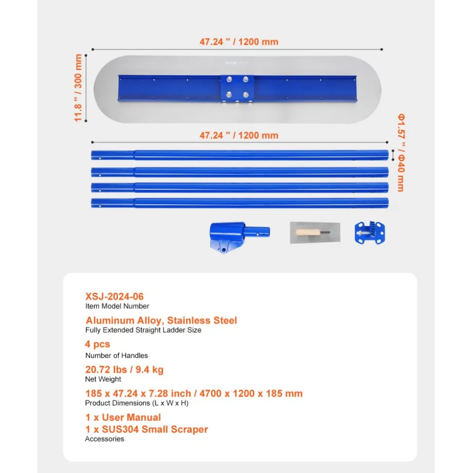 VEVOR Bull Float Magnesium Concrete Float, 47.24 x 11.8 Inch Round End Concrete Float Tool with 4 Aluminum Alloy Replaceable Handles, Cement Finishing Float for Various Industrial Applications