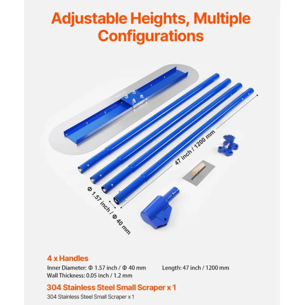 VEVOR Bull Float Magnesium Concrete Float, 47.24 x 11.8 Inch Round End Concrete Float Tool with 4 Aluminum Alloy Replaceable Handles, Cement Finishing Float for Various Industrial Applications