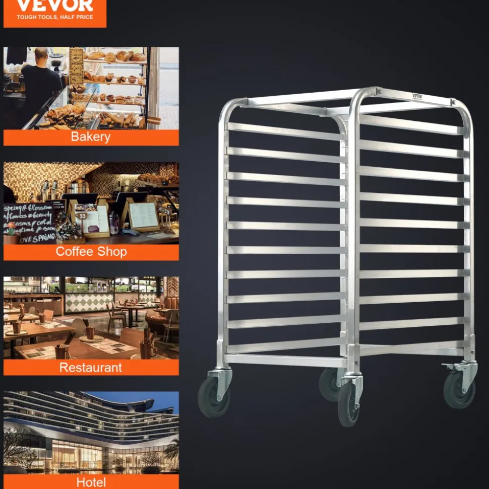 VEVOR Bun Pan Rack, 10-Tier Commercial Bakery Racks with Brake Wheels, Aluminum Racking Trolley Storage for Half & Full Sheet, Speed Rack For Kitchen Home, Bread Baking Equipment, 26"L x 20.3"W x 39"H