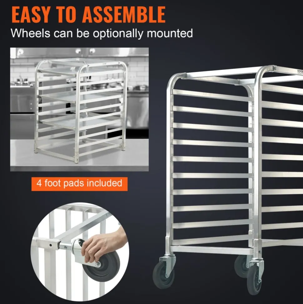 VEVOR Bun Pan Rack, 10-Tier Commercial Bakery Racks with Brake Wheels, Aluminum Racking Trolley Storage for Half & Full Sheet, Speed Rack For Kitchen Home, Bread Baking Equipment, 26"L x 20.3"W x 39"H