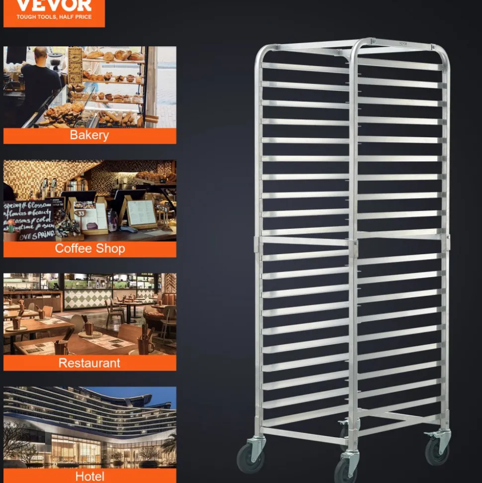 VEVOR Bun Pan Rack, 20-Tier Commercial Bakery Racks with Brake Wheels, Aluminum Racking Trolley Storage for Half & Full Sheet, Speed Rack For Kitchen Home, Bread Baking Equipment, 26"L x 20.4"W x 70"H