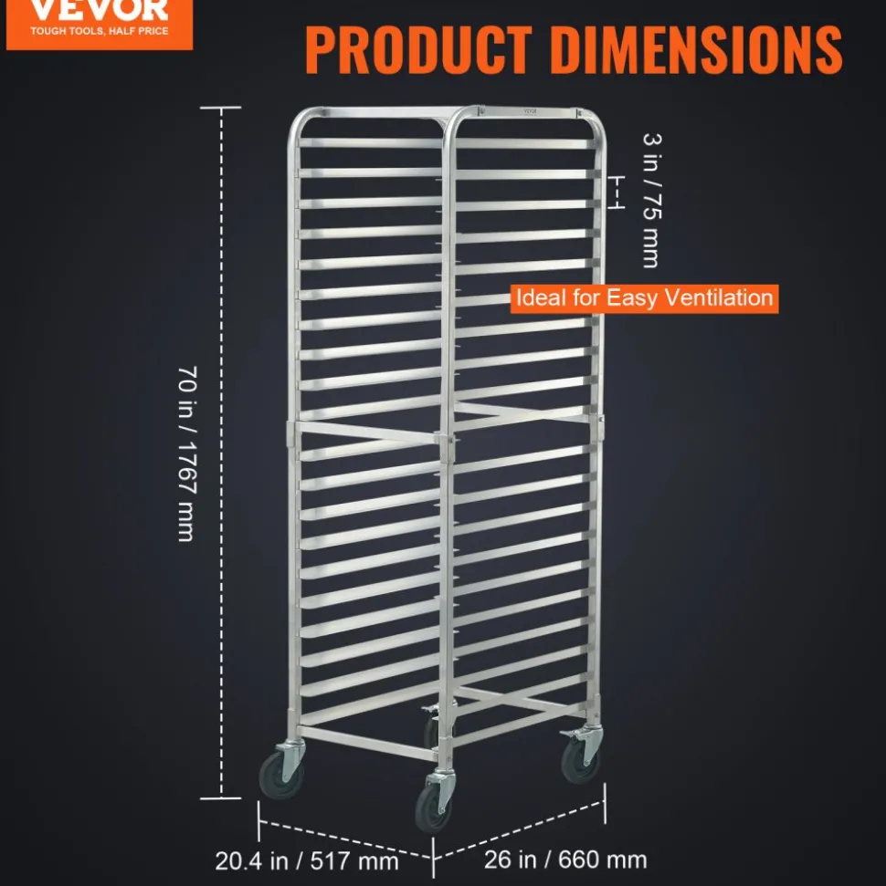 VEVOR Bun Pan Rack, 20-Tier Commercial Bakery Racks with Brake Wheels, Aluminum Racking Trolley Storage for Half & Full Sheet, Speed Rack For Kitchen Home, Bread Baking Equipment, 26"L x 20.4"W x 70"H