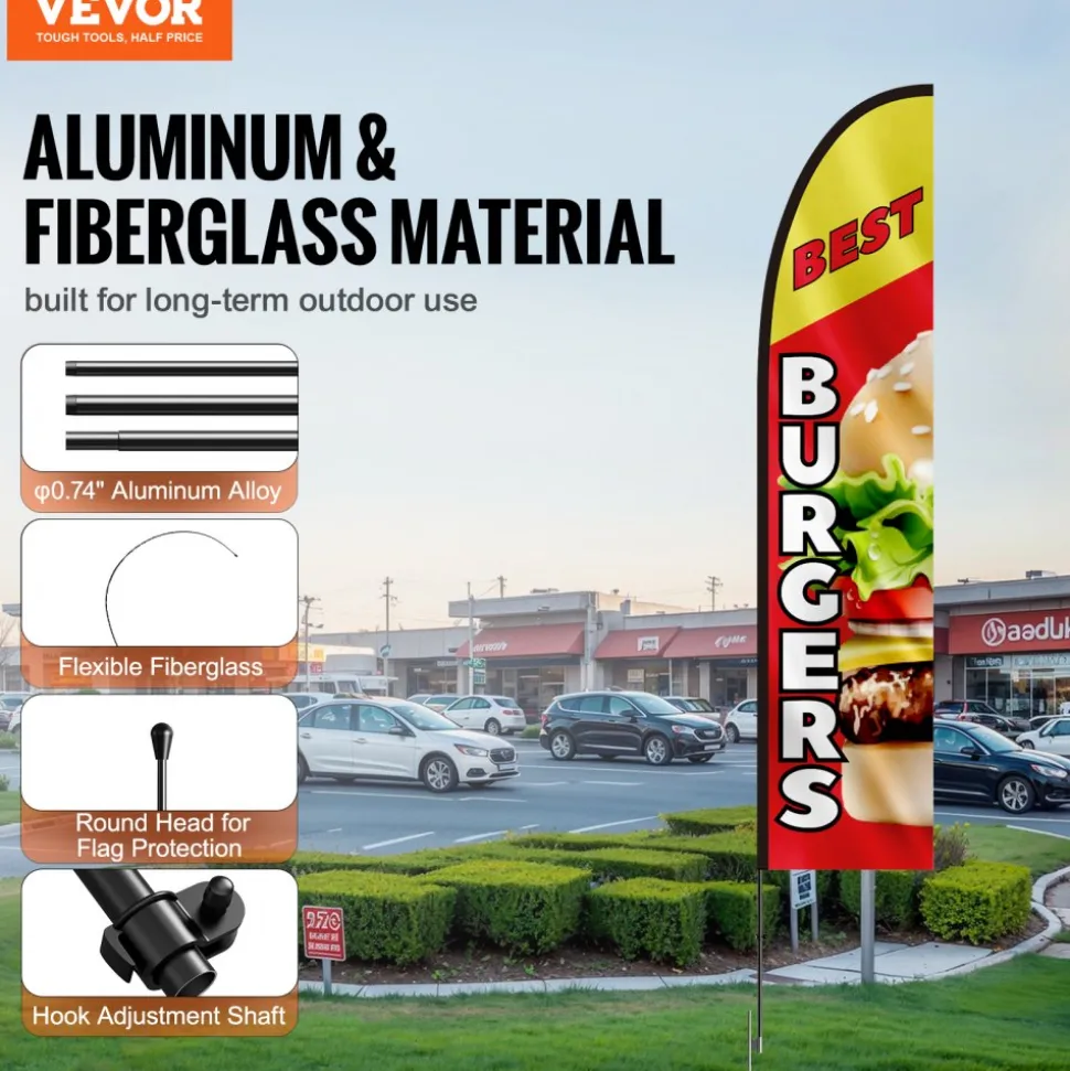 VEVOR Burger Restaurant Advertising Feather Flag with Pole Kit, Advertising Flags for Business Outside, Includes 1 Banner Flag, 1 Pole, 1 Ground Stake, Swooper Flag for Businesses 16.3 FT