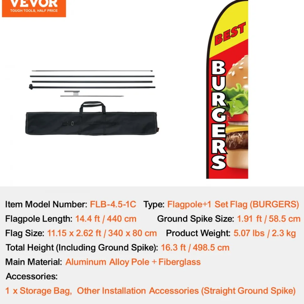 VEVOR Burger Restaurant Advertising Feather Flag with Pole Kit, Advertising Flags for Business Outside, Includes 1 Banner Flag, 1 Pole, 1 Ground Stake, Swooper Flag for Businesses 16.3 FT