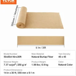 VEVOR Burlap Fabric Roll, 14 in x 30 ft & 50 x 50 High Density Wide Natural Burlap Fabric Rolls, Jute Fabric Burlap Tree Wrap Roll, for Decor, Crafts, Wedding, Gardening, Plant & Tree Winter Covering