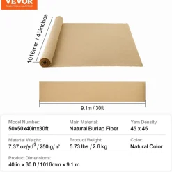VEVOR Burlap Fabric Roll, 40” x 30 ft & 50 x 50 High Density Wide Natural Burlap Fabric Rolls, Jute Fabric Burlap Tree Wrap Roll, for Decor, Crafts, Wedding, Gardening, Plant & Tree Winter Covering