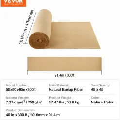 VEVOR Burlap Fabric Roll, 40” x 300 ft & 45 x 45 High Density Wide Natural Burlap Fabric Rolls, Jute Fabric Burlap Tree Wrap Roll, for Decor, Crafts, Wedding, Gardening, Plant & Tree Winter Covering