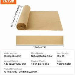 VEVOR Burlap Fabric Roll, 36” x 150 ft & 50 x 50 High Density Wide Natural Burlap Fabric Rolls, Jute Fabric Burlap Tree Wrap Roll, for Decor, Crafts, Wedding, Gardening, Plant & Tree Winter Covering