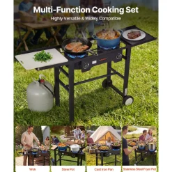 VEVOR 2 Burner Outdoor Propane Gas Stove, 150,000 BTU Propane LPG Gas Camping Stove, Foldable Heavy-duty Carbon Steel Outdoor Cooker, with Wheels & Shield & 20 PSI Regulator, for BBQ Camp Home Patio