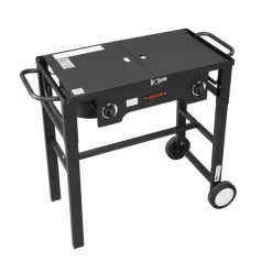 VEVOR 2 Burner Outdoor Propane Gas Stove, 150,000 BTU Propane LPG Gas Camping Stove, Foldable Heavy-duty Carbon Steel Outdoor Cooker, with Wheels & Shield & 20 PSI Regulator, for BBQ Camp Home Patio