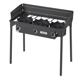 VEVOR 3 Burner Outdoor Propane Gas Stove, 225,000 BTU Propane LPG Gas Camping Stove, Heavy-duty Carbon Steel Outdoor Cooker, with Shield & Tall Stand & Regulator, for BBQ Camp Home Patio Backyard