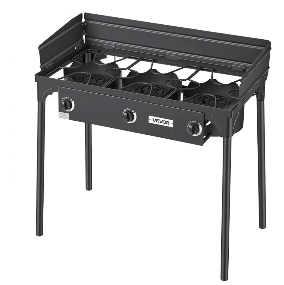 VEVOR 3 Burner Outdoor Propane Gas Stove, 225,000 BTU Propane LPG Gas Camping Stove, Heavy-duty Carbon Steel Outdoor Cooker, with Shield & Tall Stand & Regulator, for BBQ Camp Home Patio Backyard