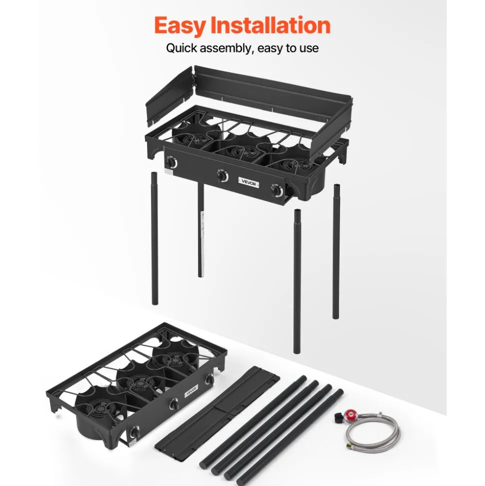 VEVOR 3 Burner Outdoor Propane Gas Stove, 225,000 BTU Propane LPG Gas Camping Stove, Heavy-duty Carbon Steel Outdoor Cooker, with Shield & Tall Stand & Regulator, for BBQ Camp Home Patio Backyard