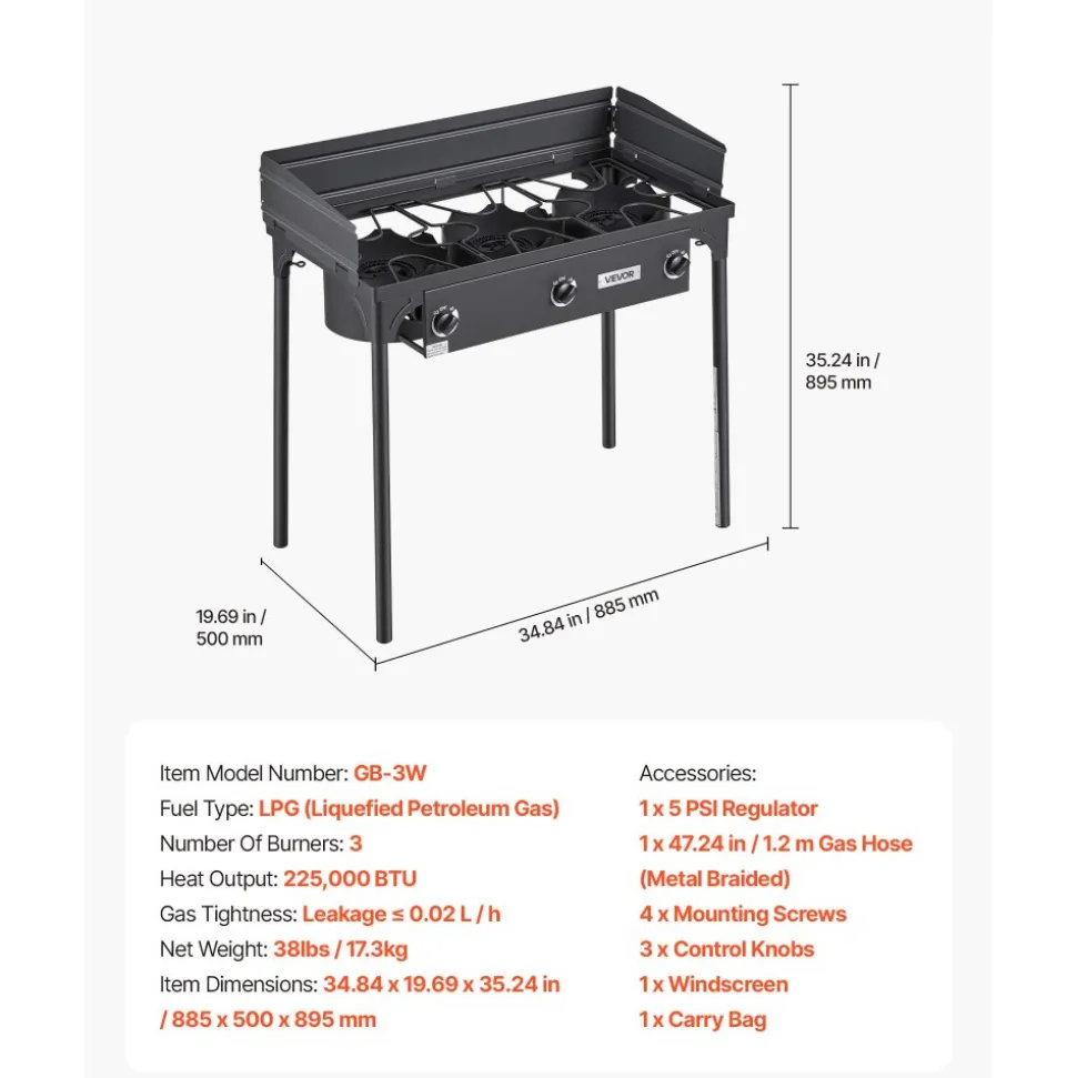 VEVOR 3 Burner Outdoor Propane Gas Stove, 225,000 BTU Propane LPG Gas Camping Stove, Heavy-duty Carbon Steel Outdoor Cooker, with Shield & Tall Stand & Regulator, for BBQ Camp Home Patio Backyard