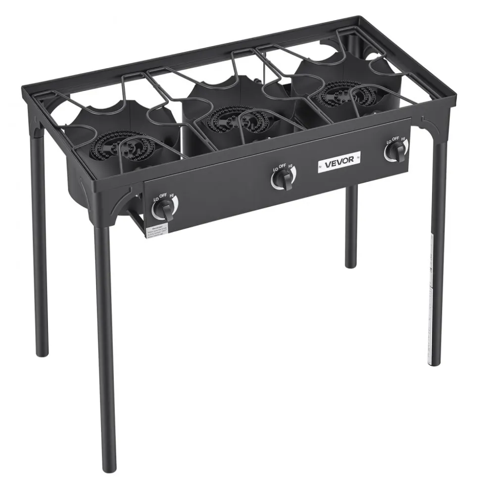 VEVOR 3 Burner Outdoor Propane Gas Stove, 225,000 BTU Propane LPG Gas Camping Stove, Heavy-duty Carbon Steel Outdoor Cooker, with Shield & Tall Stand & Regulator, for BBQ Camp Home Patio Backyard
