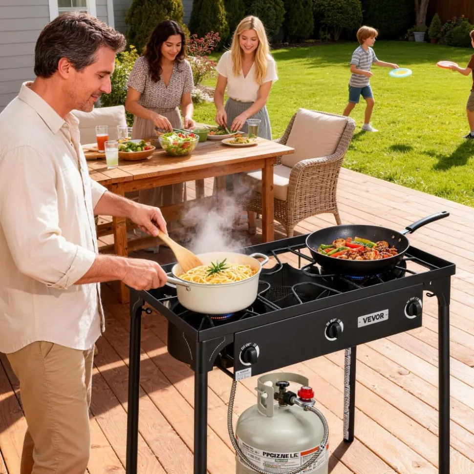 VEVOR 3 Burner Outdoor Propane Gas Stove, 225,000 BTU Propane LPG Gas Camping Stove, Heavy-duty Carbon Steel Outdoor Cooker, with Shield & Tall Stand & Regulator, for BBQ Camp Home Patio Backyard