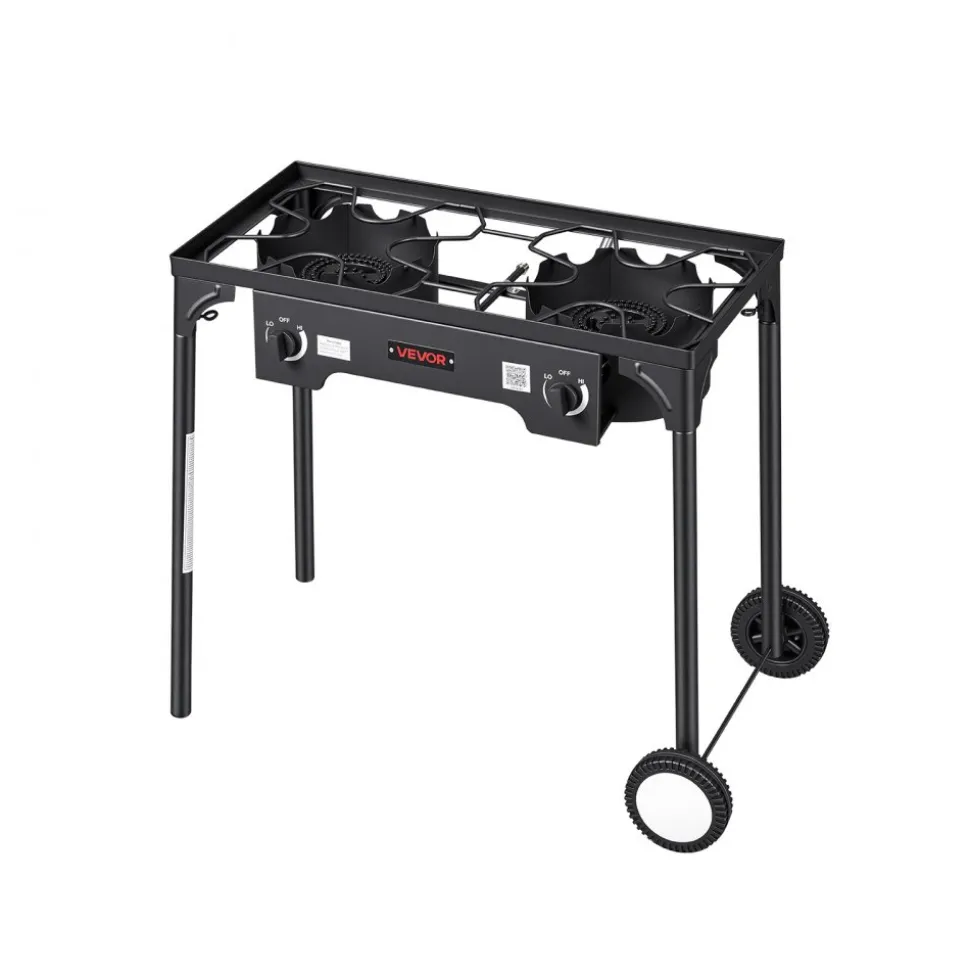 VEVOR 2 Burner Outdoor Propane Gas Stove, 150,000 BTU Propane LPG Gas Camping Stove, Heavy-duty Carbon Steel Outdoor Cooker, with 2 Wheels & 20 PSI Regulator & Hose, for BBQ Camp Home Patio Backyard