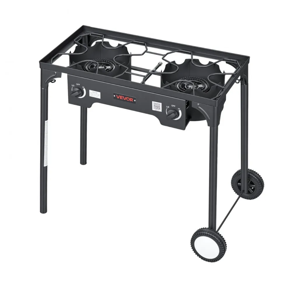 VEVOR 2 Burner Outdoor Propane Gas Stove, 150,000 BTU Propane LPG Gas Camping Stove, Heavy-duty Carbon Steel Outdoor Cooker, with 2 Wheels & 20 PSI Regulator & Hose, for BBQ Camp Home Patio Backyard